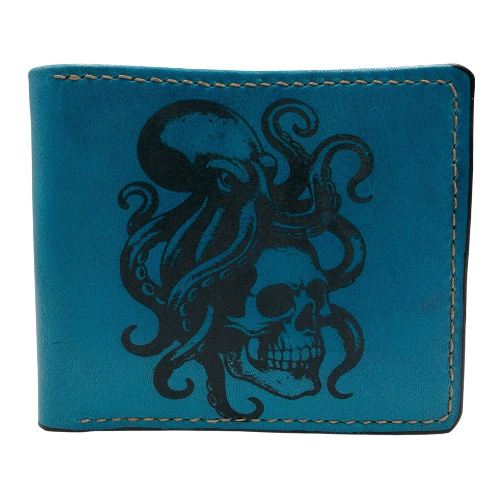 Mayan Corner Teal Leather Octopus Skull Bifold Wallet Handmade Nautical Gothic